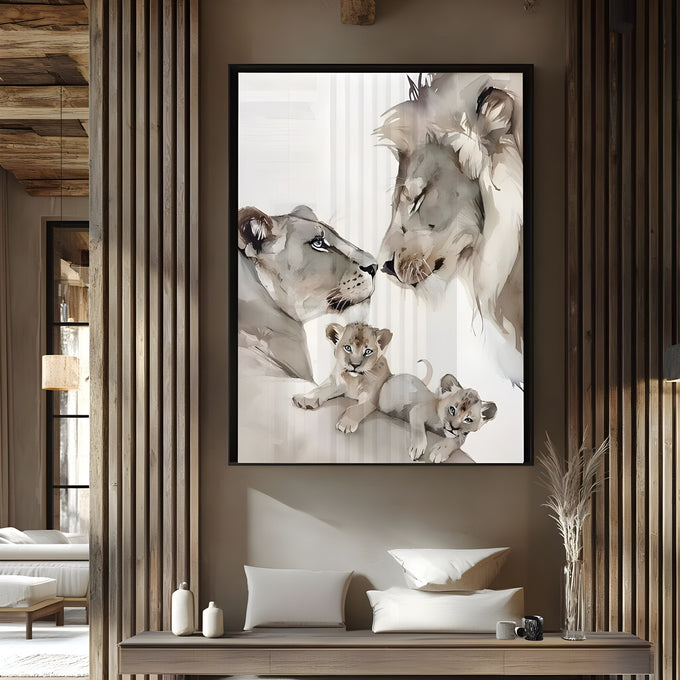 Leão e leoa se tocando com dois filhotes em aquarela bege sobre fundo branco, quadro decorativo