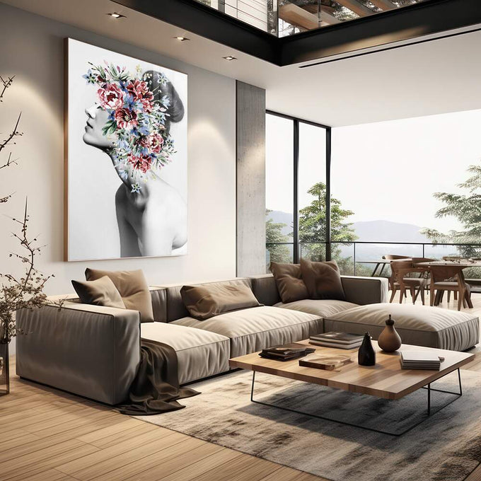 Quadro Decorativo: Essência Feminina e Flores em Aquarela - quadros decorativos para sala 1 Tela Vertical, 3 Telas - em quarto contemporaneo