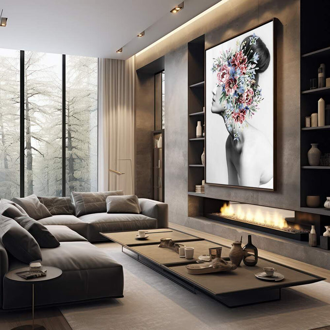 Quadro Decorativo: Essência Feminina e Flores em Aquarela - quadros decorativos 1 Tela Vertical, 3 Telas - em escritorio elegante