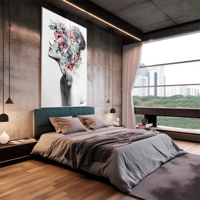 Quadro Decorativo: Essência Feminina e Flores em Aquarela - quadros decorativos 1 Tela Vertical, 3 Telas - em sala moderna
