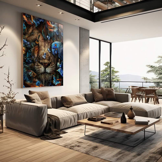 Quadro Decorativo: Majestade Selvagem e Cores Encantadoras - quadros decorativos para sala 1 Tela Vertical, 3 Telas - em quarto contemporaneo