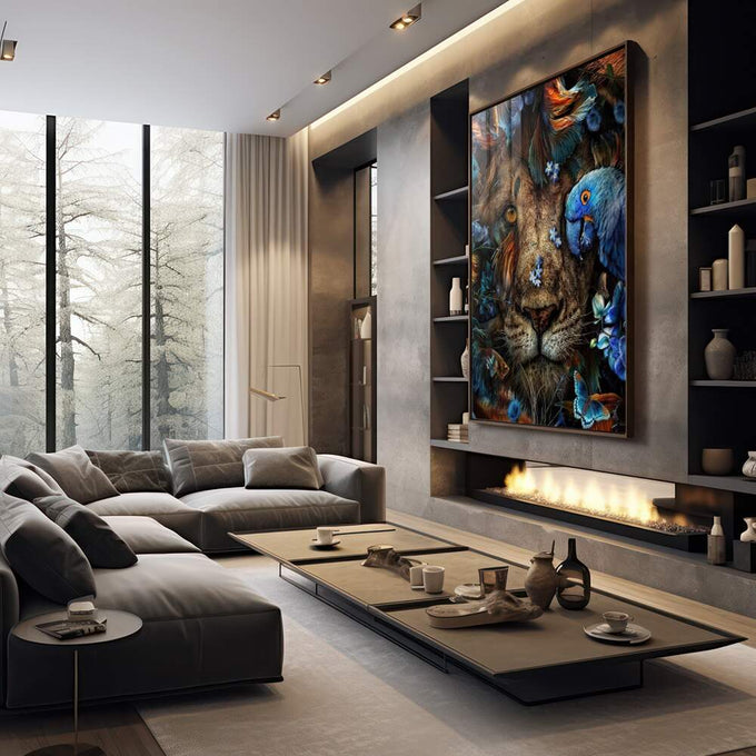 Quadro Decorativo: Majestade Selvagem e Cores Encantadoras - quadros decorativos 1 Tela Vertical, 3 Telas - em escritorio elegante