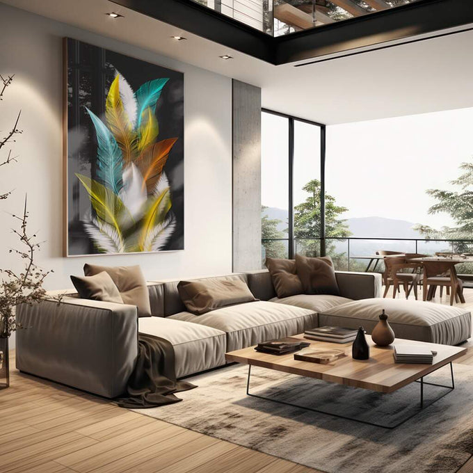 Quadro Decorativo Explosão de Penas: Toque de Alegria - quadros decorativos para sala 1 Tela Vertical, 3 Telas - em living room premium