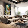 Penas amarelas, turquesa, laranja e brancas em composição ascendente sobre fundo preto, quadro decorativo