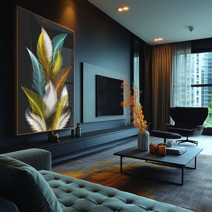 Quadro Decorativo Explosão de Penas: Toque de Alegria - quadros decorativos para sala 1 Tela Vertical, 3 Telas - em ambiente decorado