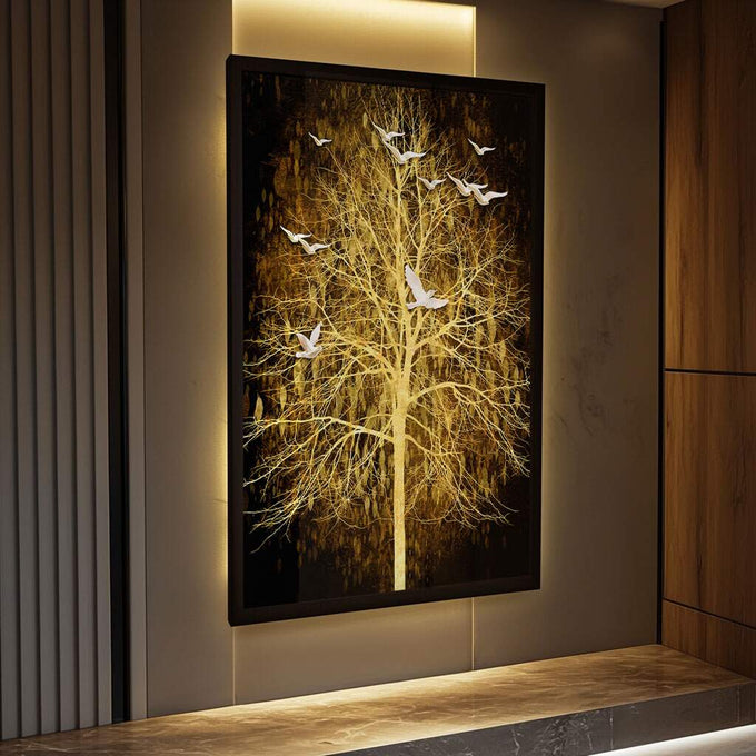 Quadro Decorativo Árvore da Vida Radiante - quadros decorativos para sala 1 Tela Vertical, 3 Telas - em ambiente decorado