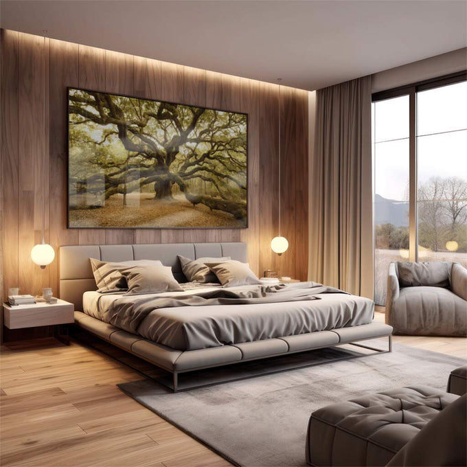 Quadro Decorativo: Serenidade do Carvalho em Floresta - quadros decorativos 1 Tela, 1 Tela Horizontal - em escritorio elegante