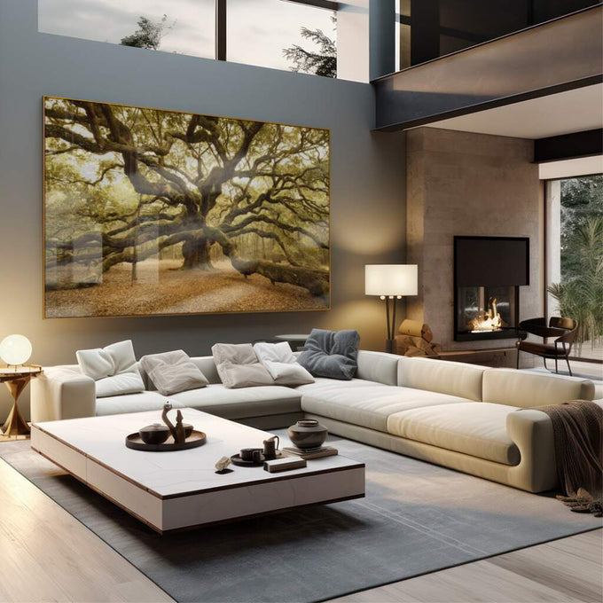 Quadro Decorativo: Serenidade do Carvalho em Floresta - quadros decorativos 1 Tela, 1 Tela Horizontal - em sala moderna