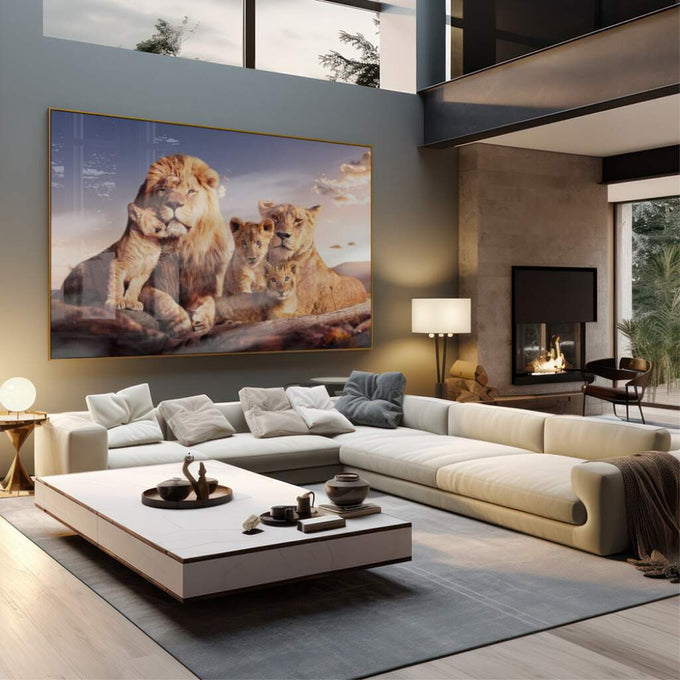 Quadro Decorativo Leões ao Pôr do Sol: União Familiar - quadros decorativos para sala 1 Tela, 1 Tela Horizontal - em quarto contemporaneo