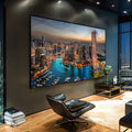 Vista aérea da Dubai Marina com arranha-céus iluminados e água azul ao entardecer, quadro decorativo