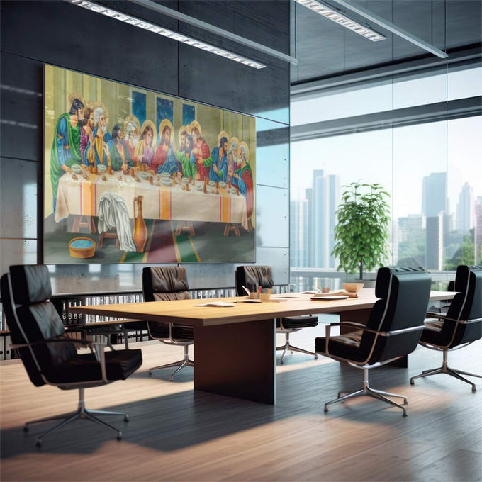 Quadro Decorativo: Última Ceia com Cores Vividíssimas - quadros decorativos para sala 1 Tela, 1 Tela Horizontal - em quarto contemporaneo