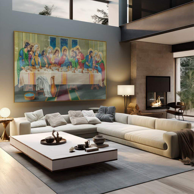 Quadro Decorativo: Última Ceia com Cores Vividíssimas - quadros decorativos 1 Tela, 1 Tela Horizontal - em sala moderna