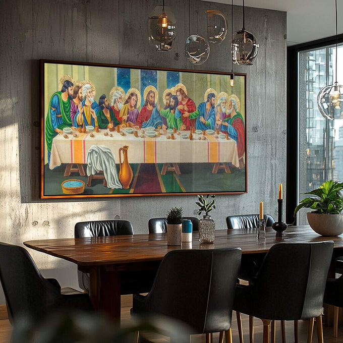Quadro Decorativo: Última Ceia com Cores Vividíssimas - quadros decorativos para sala 1 Tela, 1 Tela Horizontal - em ambiente decorado