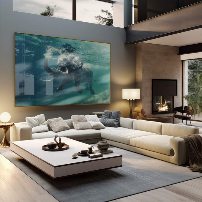 Quadro Decorativo Serenidade do Elefante na Água - quadros decorativos 1 Tela, 1 Tela Horizontal - em sala moderna