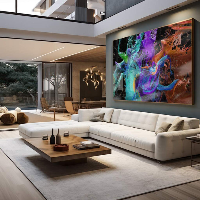 Quadro Decorativo Dança das Cores: Octopus & Abstração - quadros decorativos para sala 1 Tela, 1 Tela Horizontal - em living room premium