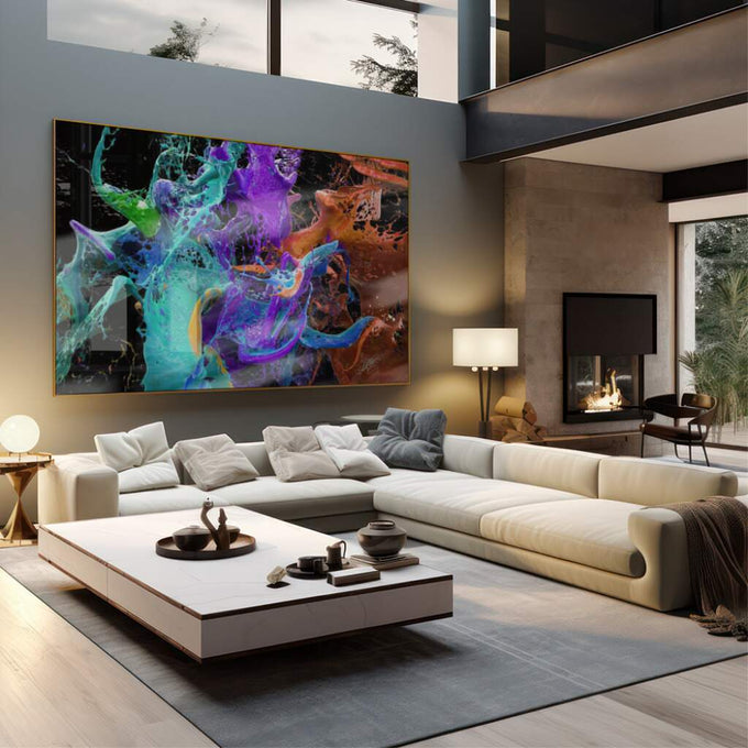Quadro Decorativo Dança das Cores: Octopus & Abstração - quadros decorativos 1 Tela, 1 Tela Horizontal - em sala moderna
