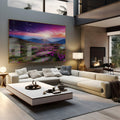 Montanhas ao pôr do sol com céu roxo e campo de flores magenta em primeiro plano, quadro decorativo