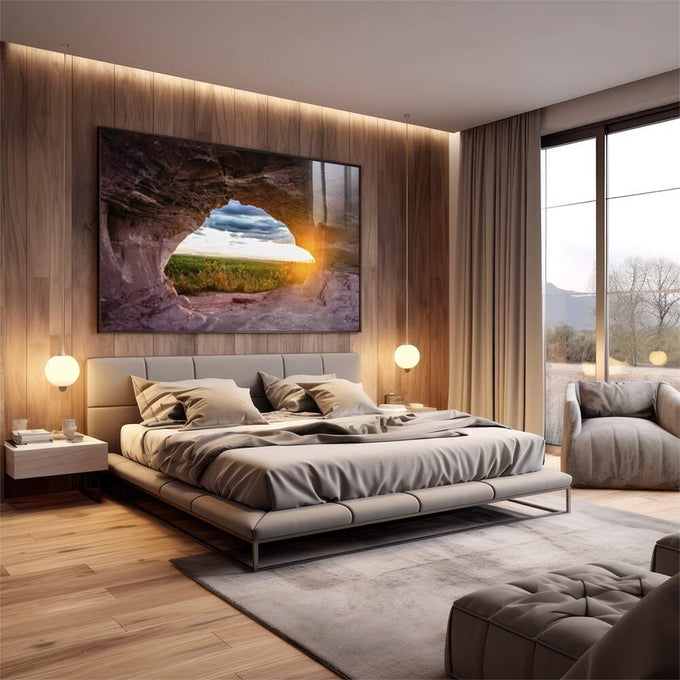 Quadro Decorativo Caverna ao Amanhecer: Ilumine seu Lar - quadros decorativos 1 Tela, 1 Tela Horizontal - em escritorio elegante