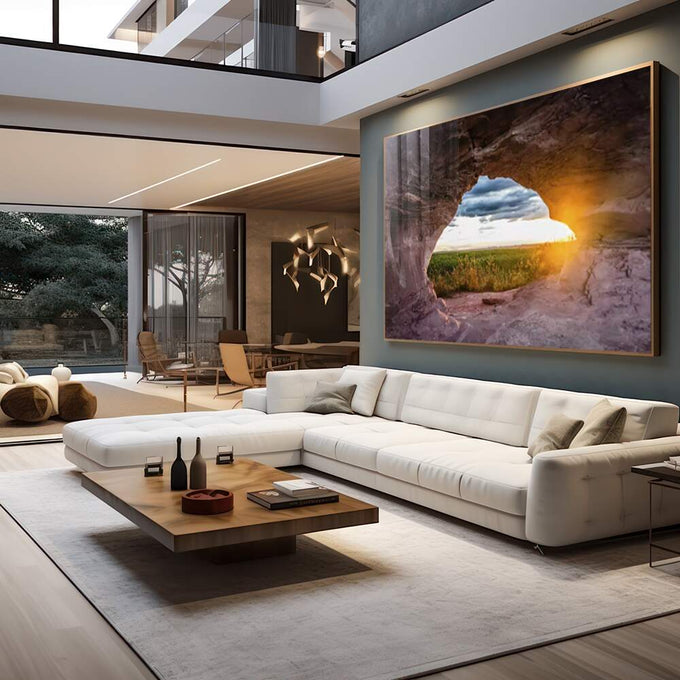 Quadro Decorativo Caverna ao Amanhecer: Ilumine seu Lar - quadros decorativos para sala 1 Tela, 1 Tela Horizontal - em living room premium