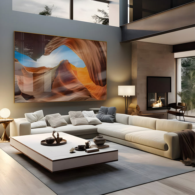 Cânion de arenito laranja com ondas de rocha, sol radiante e céu azul, quadro decorativo