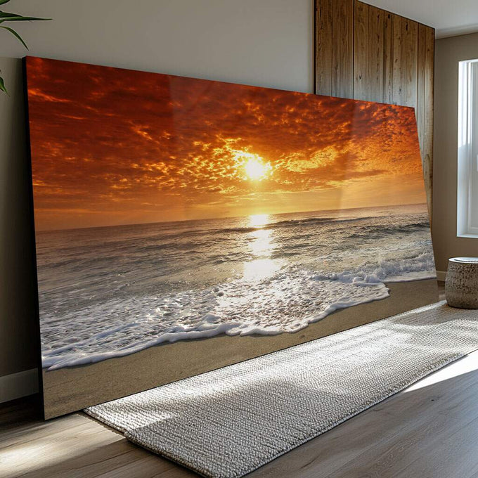 Quadro Decorativo Mar ao Pôr do Sol: Beleza Serena - quadros decorativos para sala 1 Tela, 1 Tela Horizontal - em ambiente decorado