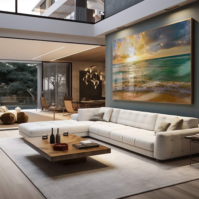 Quadro Decorativo: Encantador Pôr do Sol na Praia - quadros decorativos para sala 1 Tela, 1 Tela Horizontal - em living room premium