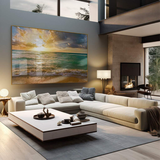 Quadro Decorativo: Encantador Pôr do Sol na Praia - quadros decorativos 1 Tela, 1 Tela Horizontal - em sala moderna