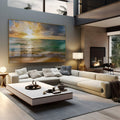 Ondas quebrando na areia dourada com sol entre nuvens e mar verde-azulado, quadro decorativo