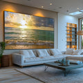 Ondas quebrando na areia dourada com sol entre nuvens e mar verde-azulado, quadro decorativo