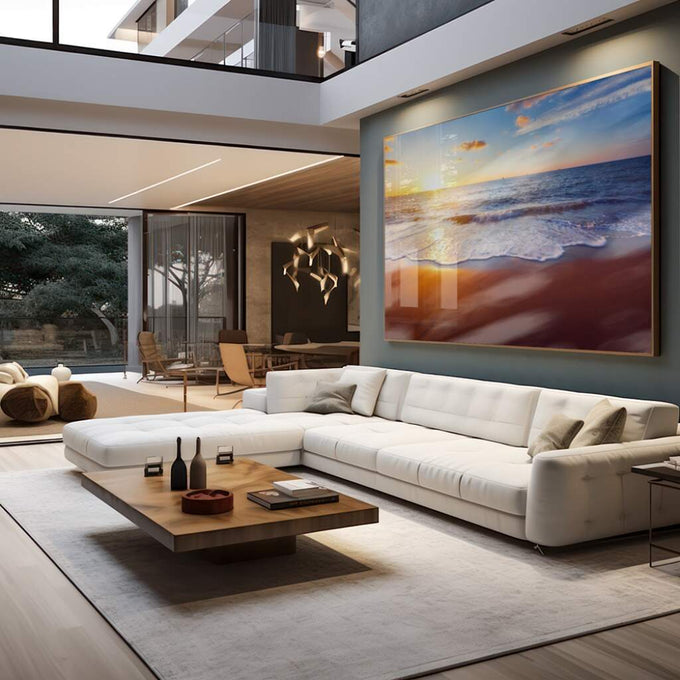 Quadro Decorativo: Crepúsculo Tranquilo na Praia - quadros decorativos para sala 1 Tela, 1 Tela Horizontal - em living room premium