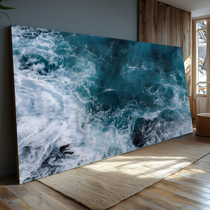 Vista aérea de ondas do mar agitado em azul profundo com espuma branca, quadro decorativo