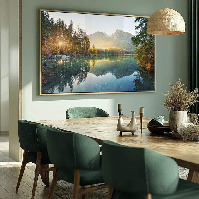 Quadro Decorativo Beleza Matinal: Amanhecer Majestoso - quadros decorativos para sala 1 Tela, 1 Tela Horizontal - em ambiente decorado