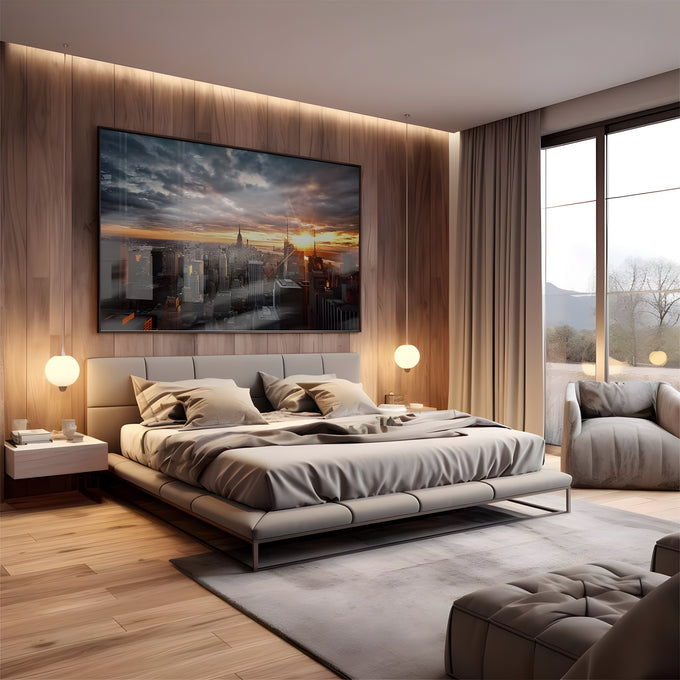 Vista aérea de Manhattan ao pôr do sol com Empire State e céu nublado, quadro decorativo