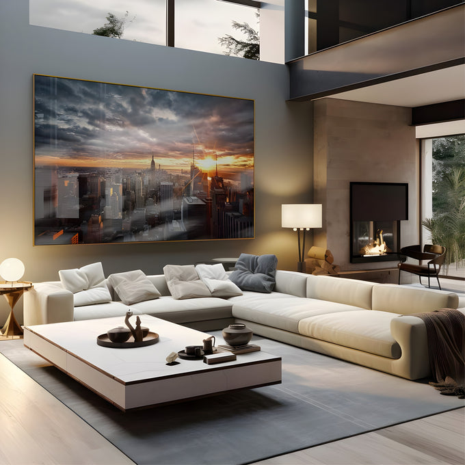 Vista aérea de Manhattan ao pôr do sol com Empire State e céu nublado, quadro decorativo