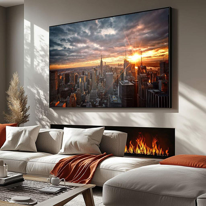 Quadro Decorativo Crepúsculo Urbano de Nova Iorque - quadros decorativos para sala 1 Tela, 1 Tela Horizontal - em ambiente decorado