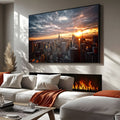 Vista aérea de Manhattan ao pôr do sol com Empire State e céu nublado, quadro decorativo