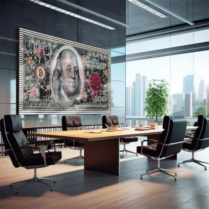 Quadro Decorativo Nota de $100: Inspire Prosperidade - quadros decorativos para sala 1 Tela, 1 Tela Horizontal - em quarto contemporaneo
