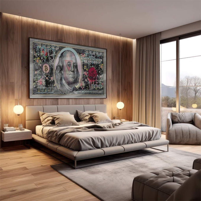 Quadro Decorativo Nota de $100: Inspire Prosperidade - quadros decorativos 1 Tela, 1 Tela Horizontal - em escritorio elegante