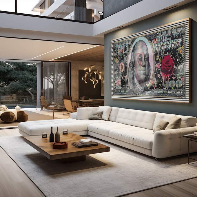 Quadro Decorativo Nota de $100: Inspire Prosperidade - quadros decorativos para sala 1 Tela, 1 Tela Horizontal - em living room premium