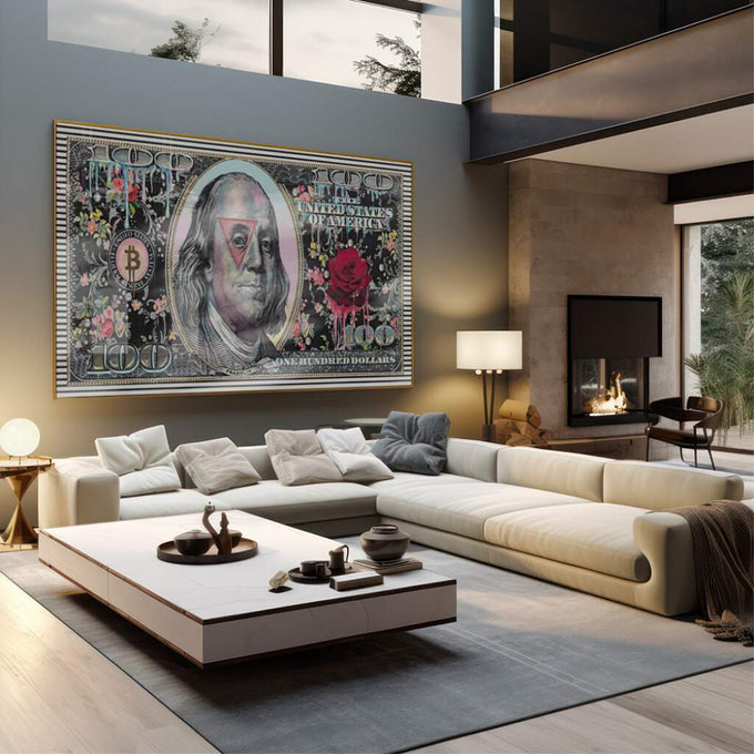 Quadro Decorativo Nota de $100: Inspire Prosperidade - quadros decorativos 1 Tela, 1 Tela Horizontal - em sala moderna