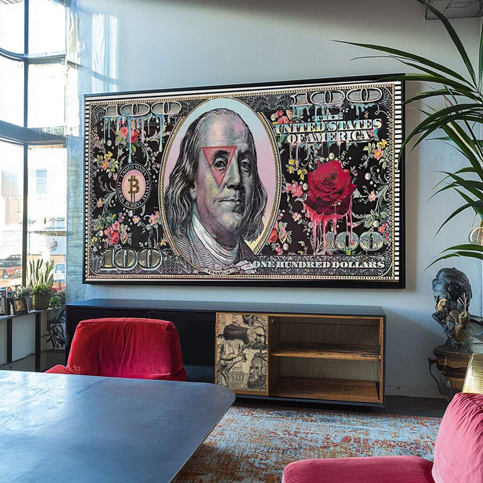 Quadro Decorativo Nota de $100: Inspire Prosperidade - quadros decorativos para sala 1 Tela, 1 Tela Horizontal - em ambiente decorado