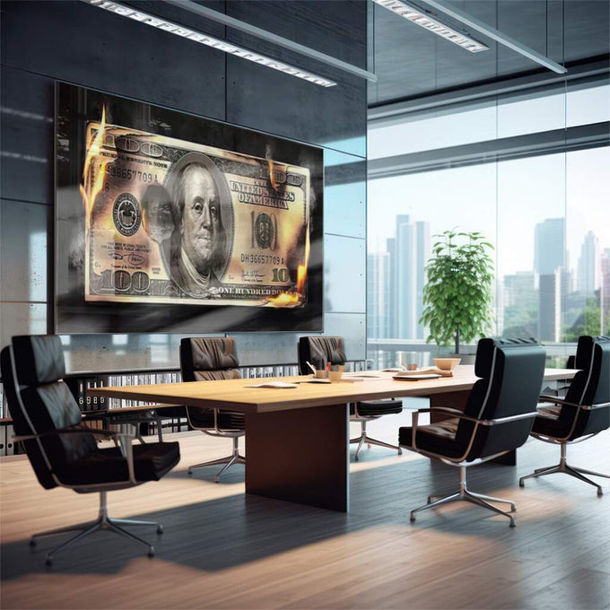 Quadro Decorativo Impactante: Dinheiro em Chamas - quadros decorativos para sala 1 Tela, 1 Tela Horizontal - em quarto contemporaneo