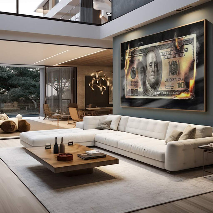 Quadro Decorativo Impactante: Dinheiro em Chamas - quadros decorativos para sala 1 Tela, 1 Tela Horizontal - em living room premium