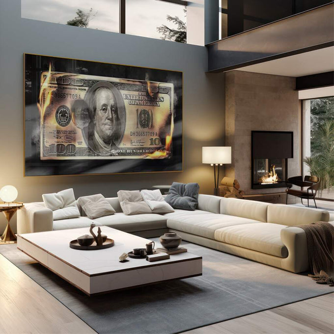 Quadro Decorativo Impactante: Dinheiro em Chamas - quadros decorativos 1 Tela, 1 Tela Horizontal - em sala moderna