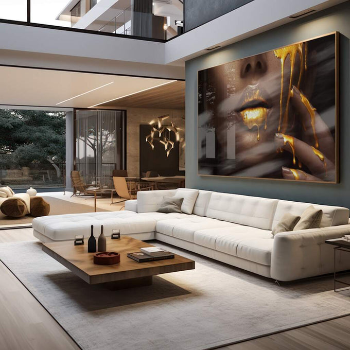 Quadro Decorativo Lábios Dourados - quadros decorativos para sala 1 Tela, 1 Tela Horizontal - em living room premium