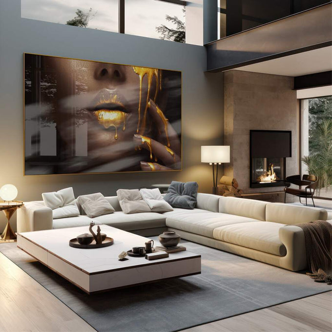 Quadro Decorativo Lábios Dourados - quadros decorativos 1 Tela, 1 Tela Horizontal - em sala moderna