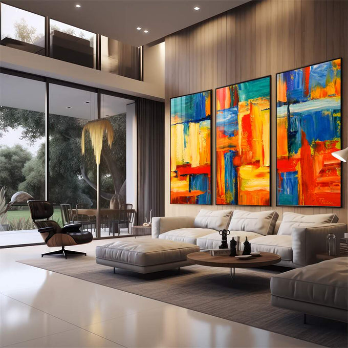 Quadro Decorativo: Inspiração em Cores Vibrantes - quadros decorativos para sala 1 Tela Vertical, 3 Telas - em quarto contemporaneo