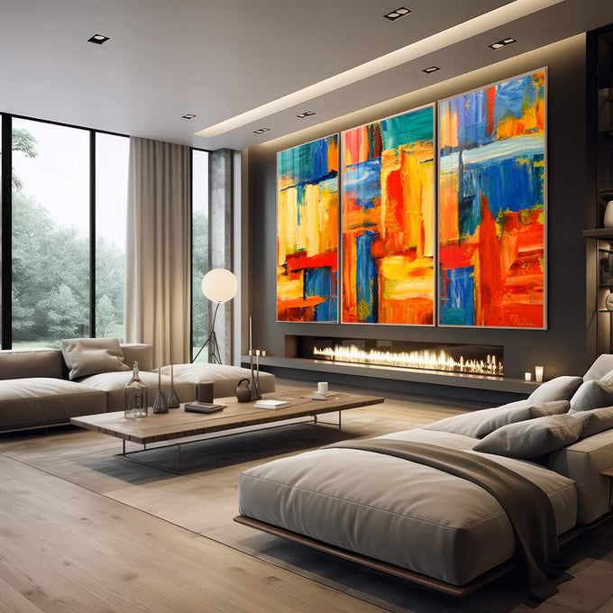 Quadro Decorativo: Inspiração em Cores Vibrantes - quadros decorativos 1 Tela Vertical, 3 Telas - em escritorio elegante