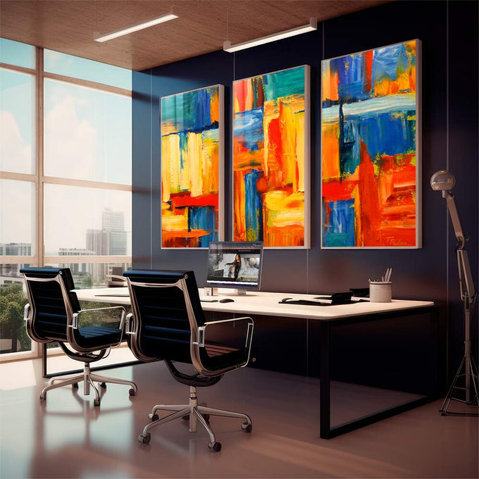 Quadro Decorativo: Inspiração em Cores Vibrantes - quadros decorativos 1 Tela Vertical, 3 Telas - em sala moderna