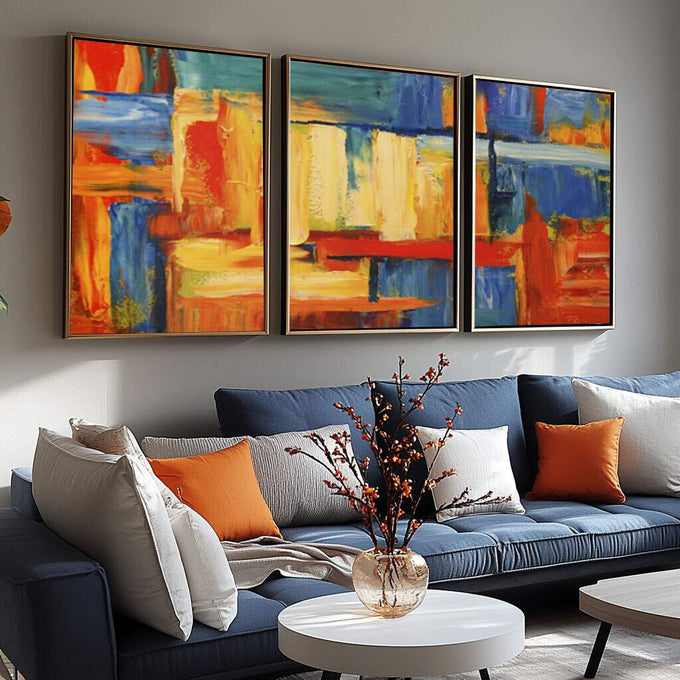Quadro Decorativo: Inspiração em Cores Vibrantes - quadros decorativos para sala 1 Tela Vertical, 3 Telas - em ambiente decorado